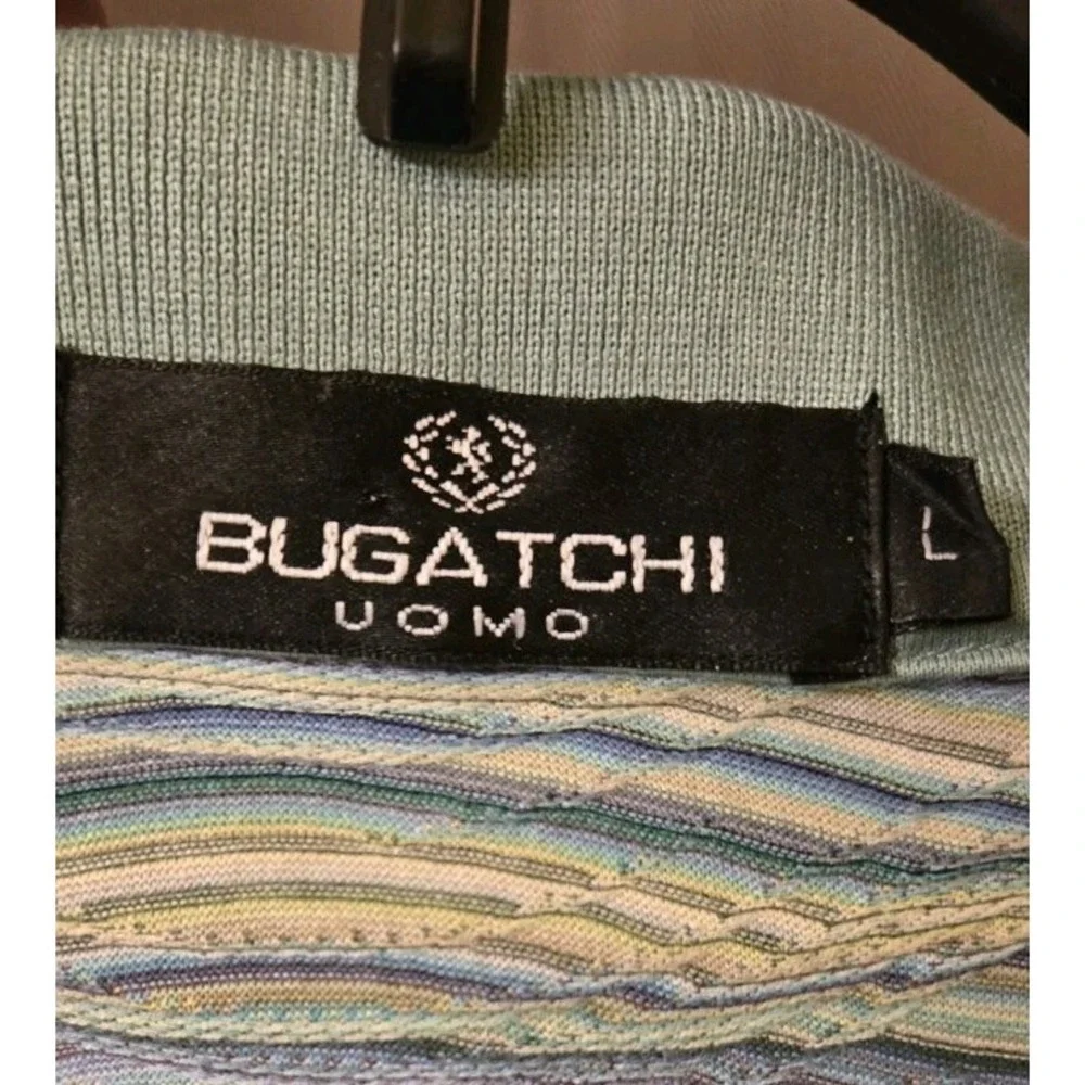 Bugatchi Uomo Mens Polo Shirt Size Large Wavy Striped Green‎ Short Sleeve